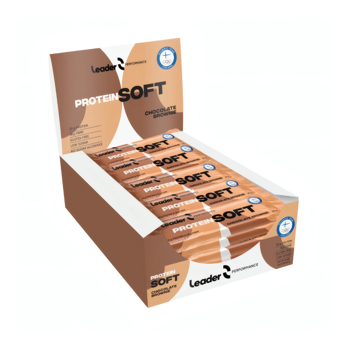 Leader Performance Soft Bar 60 g -proteiinipatukoita avoimessa ruskeassa ja beigessä display-laatikossa maulle Chocolate Brownie., kuva 1/1