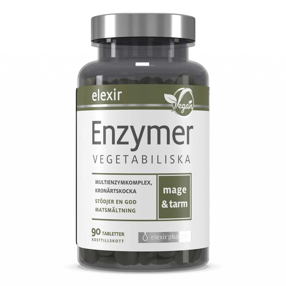 Elexir Pharma Enzymer 90 tabs tummassa purkissa, jossa on hopeanvärinen kansi ja valkovihreä etiketti., kuva 1/1
