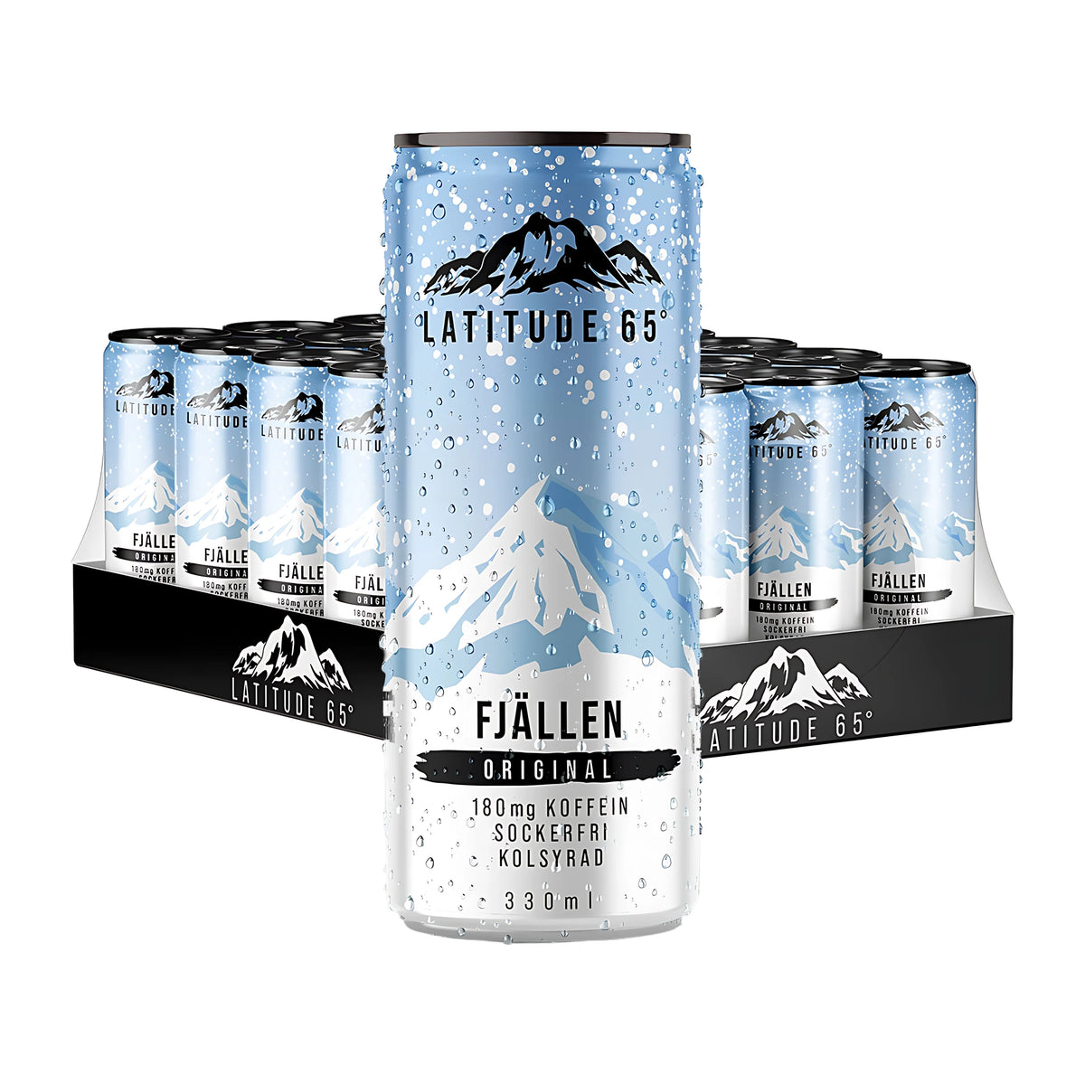 24 x Latitude 65 330 ml Fjällen - Original -hiilihapotettu juoma 24 tölkin lavapakkauksessa, jossa on vaaleansinisiä tölkkejä vuorikuvioinnilla.