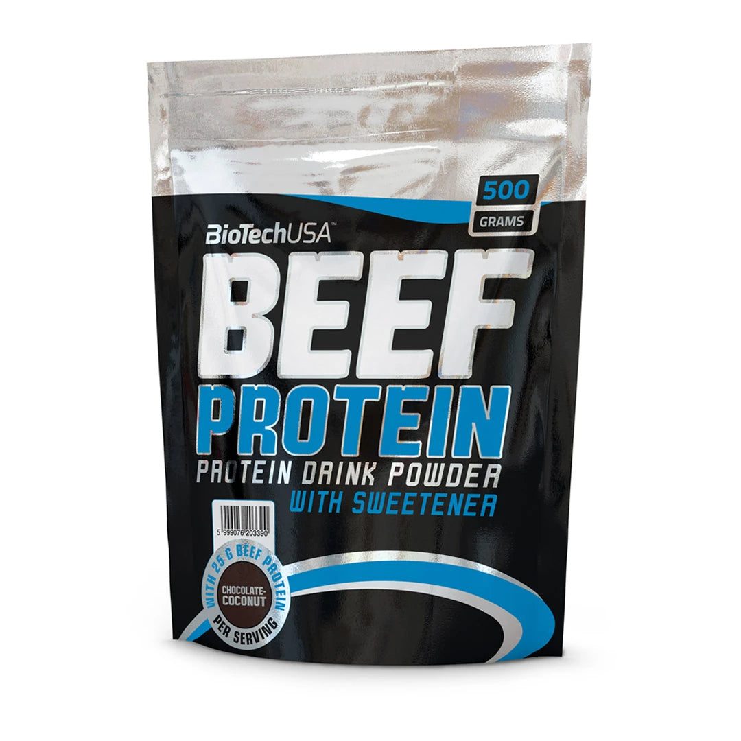 BioTechUSA Beef Protein 500 g musta-hopeisessa pussissa sinisillä yksityiskohdilla, makuna Chocolate Coconut., kuva 1/1