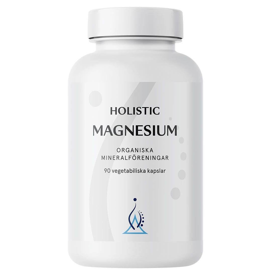 Holistic Magnesium 120 mg 90 caps -ravintolisä valkoisessa muovipurkissa harmailla ja sinisillä yksityiskohdilla., kuva 1/1
