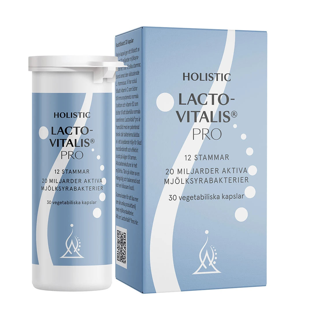Holistic Lactovitalis® pro 30 caps -ravintolisä pakattuna vaaleansinivalkoiseen purkkiin ja pahvikoteloon., kuva 1/1