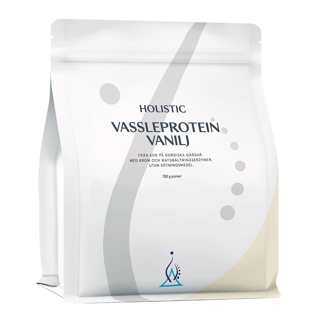 Holistic Heraproteiini 750 g -proteiinijauhe valkoisessa pussissa harmailla yksityiskohdilla, makuna Vanilja.