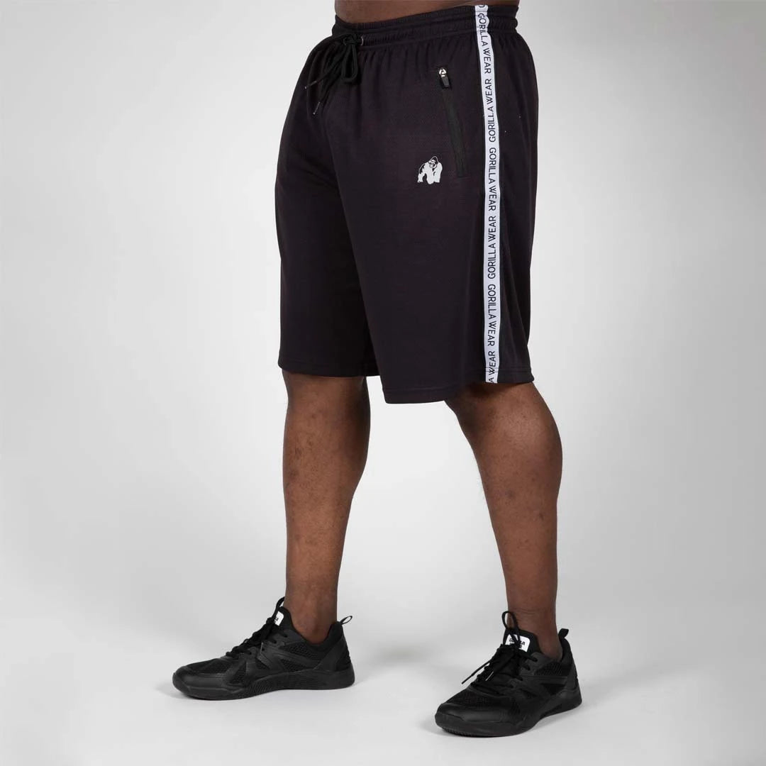 Mustat Gorilla Wear Reydon Mesh Shorts 2.0 Black -verkkoshortsit valkoisilla sivuraidoilla ja vetoketjutaskuilla., kuva 2/8
