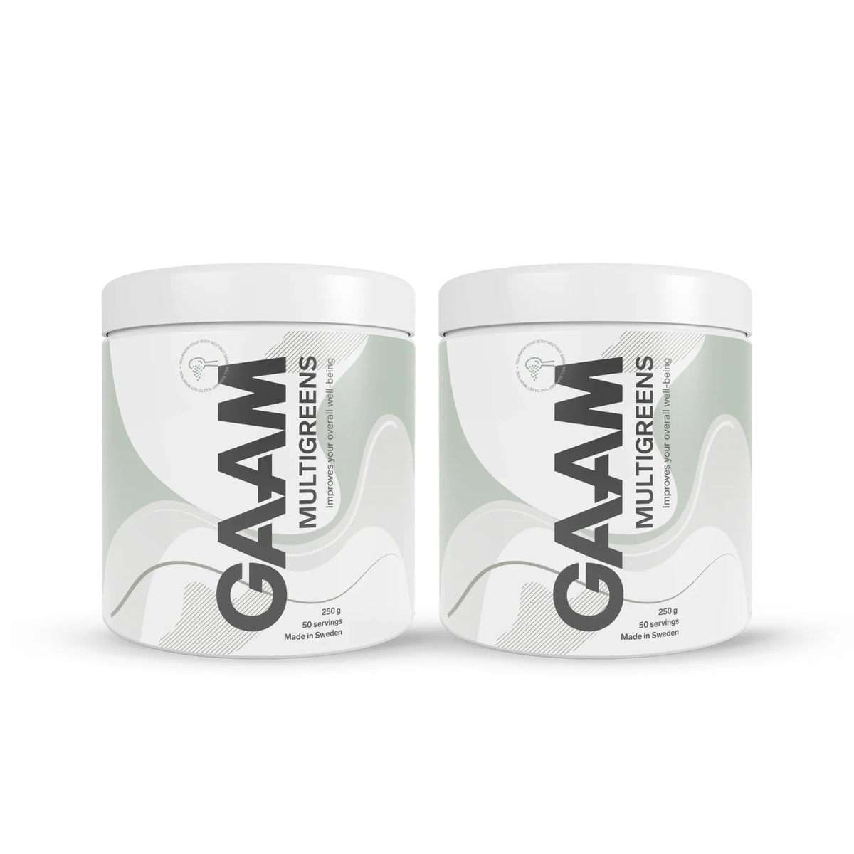 2 x GAAM Multigreens 250 g -ravintolisä kahdessa valkoisessa purkissa, joissa on harmaita ja vihreitä yksityiskohtia.