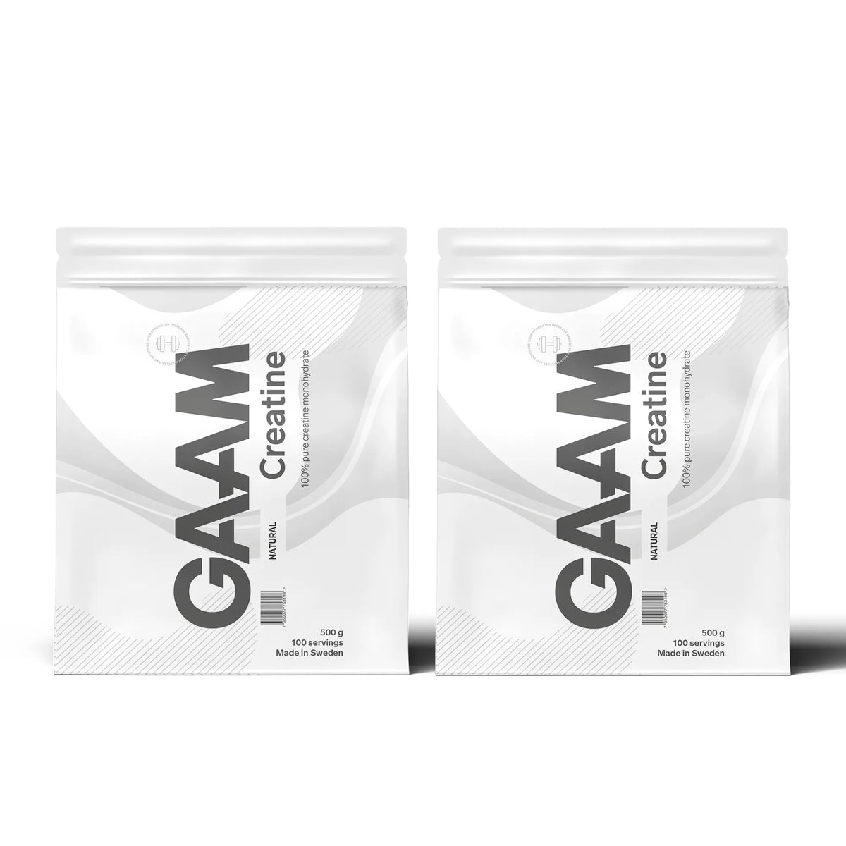 2 x GAAM Creatine Monohydrate 500 g i två vita påsar med grå detaljer och stor text., bild 1 av 1