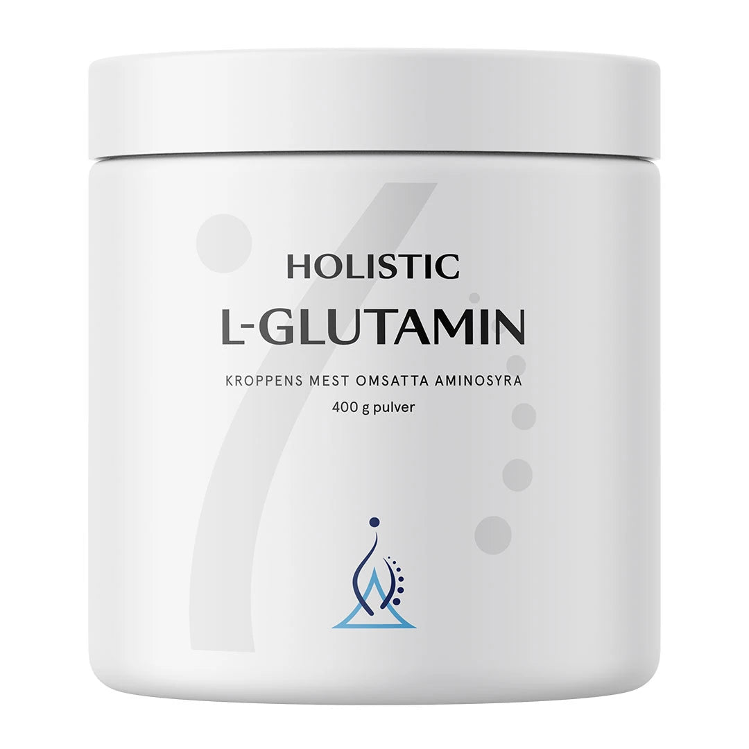 Holistic L-glutamin 400 g -aminohappojauhe valkoisessa, minimalistisessa purkissa mustilla yksityiskohdilla., kuva 1/1