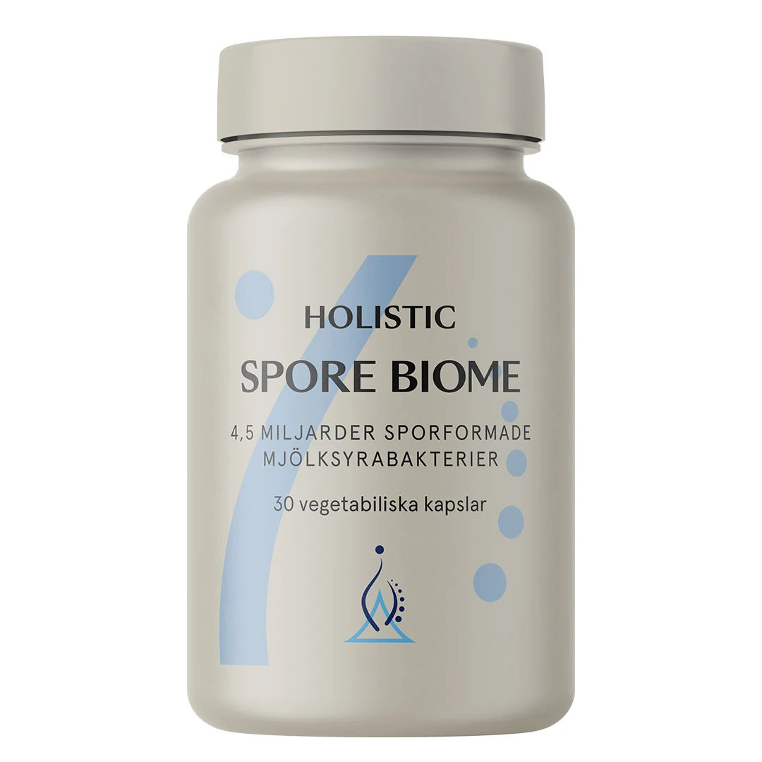 Holistic Spore Biome 30 caps -maitohappobakteerit vaaleanharmaassa purkissa, jossa on sinisiä graafisia yksityiskohtia., kuva 1/1