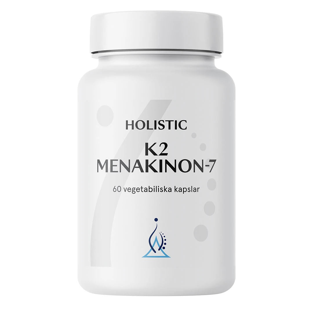 Holistic K2 60 caps -vegaaninen ravintolisä valkoisessa purkissa, jossa on sinisiä ja harmaita yksityiskohtia., kuva 1/1