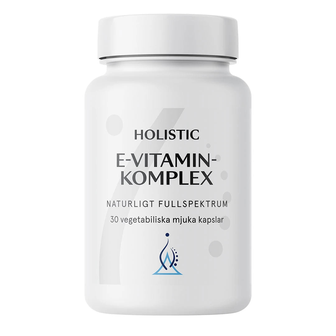 Holistic E-vitaminkomplex 30 caps -vegaaninen E-vitamiini tyylikkäässä valkoisessa purkissa., kuva 1/1