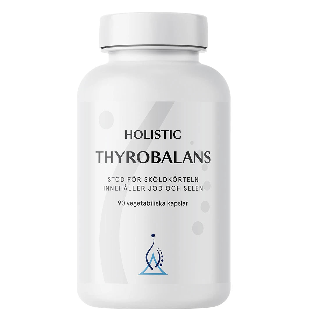 Holistic Thyrobalans 90 caps -ravintolisä valkoisessa muovipurkissa, jossa on harmaa-sinisiä graafisia yksityiskohtia., kuva 1/1