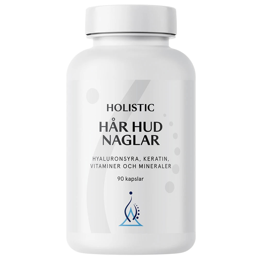 Holistic Hår Hud Naglar 90 caps -ravintolisä tyylikkäässä ja minimalistisessa valkoisessa purkissa., kuva 1/1