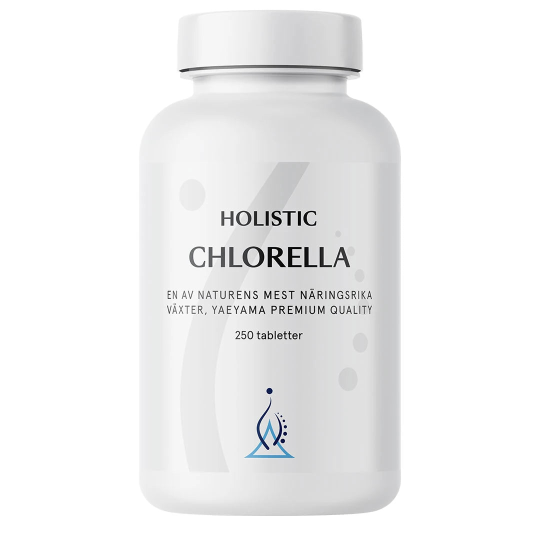 Holistic Chlorella 250 tabs tyylikkäässä valkoisessa purkissa, jossa on harmaita ja sinisiä yksityiskohtia., kuva 1/1