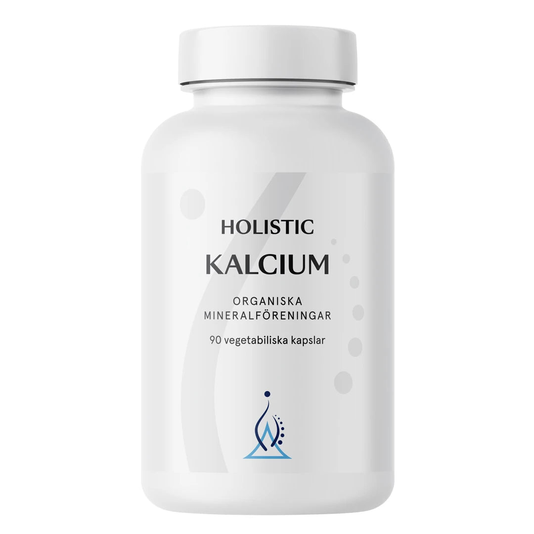 Holistic Kalcium 160 mg 90 caps tyylikkäässä valkoisessa muovipurkissa, jossa on harmaita ja sinisiä graafisia yksityiskohtia., kuva 1/1