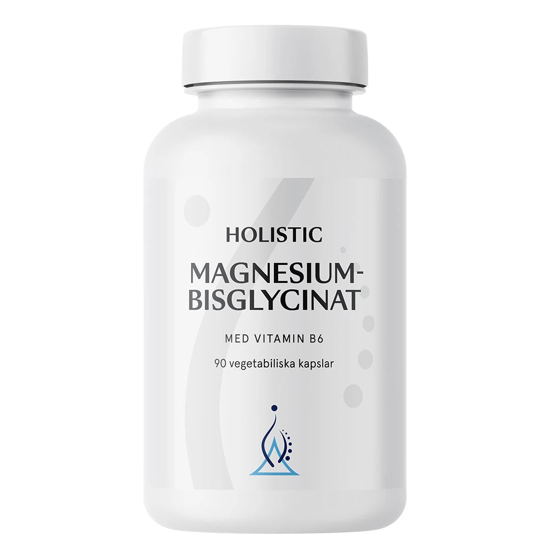 Holistic Magnesiumbisglycinat 100 mg 90 caps pakattuna valkoiseen purkkiin, jossa on vaaleanharmaita yksityiskohtia., kuva 1/1