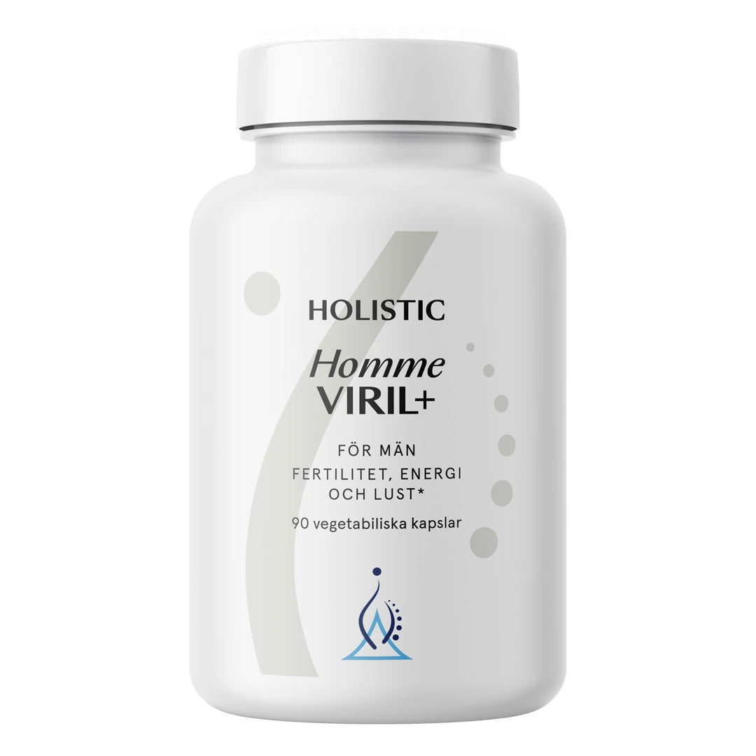 Holistic Homme Viril+ 90 caps -monivitamiini miehille tyylikkäässä valkoisessa purkissa mustilla yksityiskohdilla., kuva 1/1