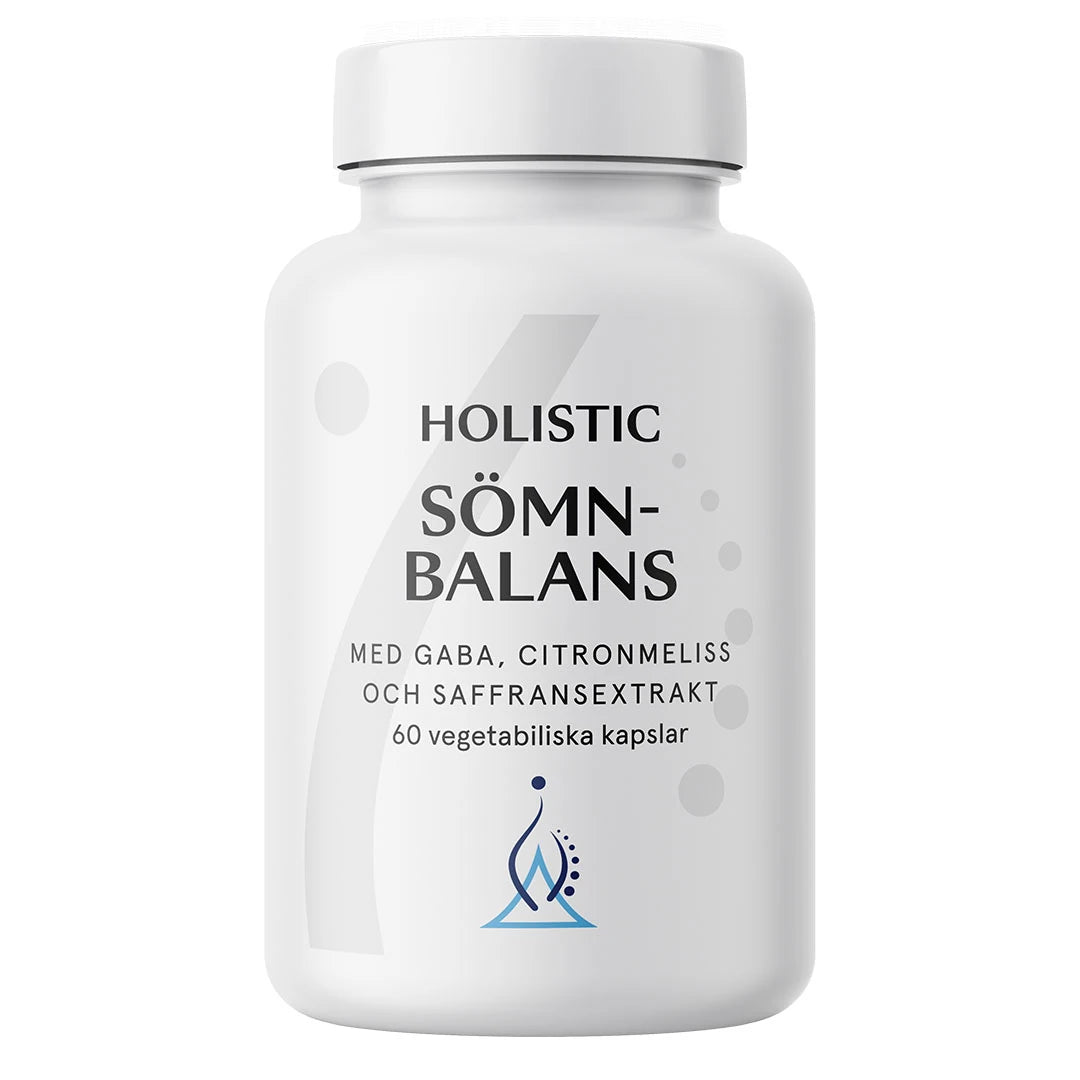 Valkoinen purkki Holistic Sömnbalans 60 caps -unilisäravinnetta, jossa on yrttejä, aminohappoja ja sahramiuutetta., kuva 1/1