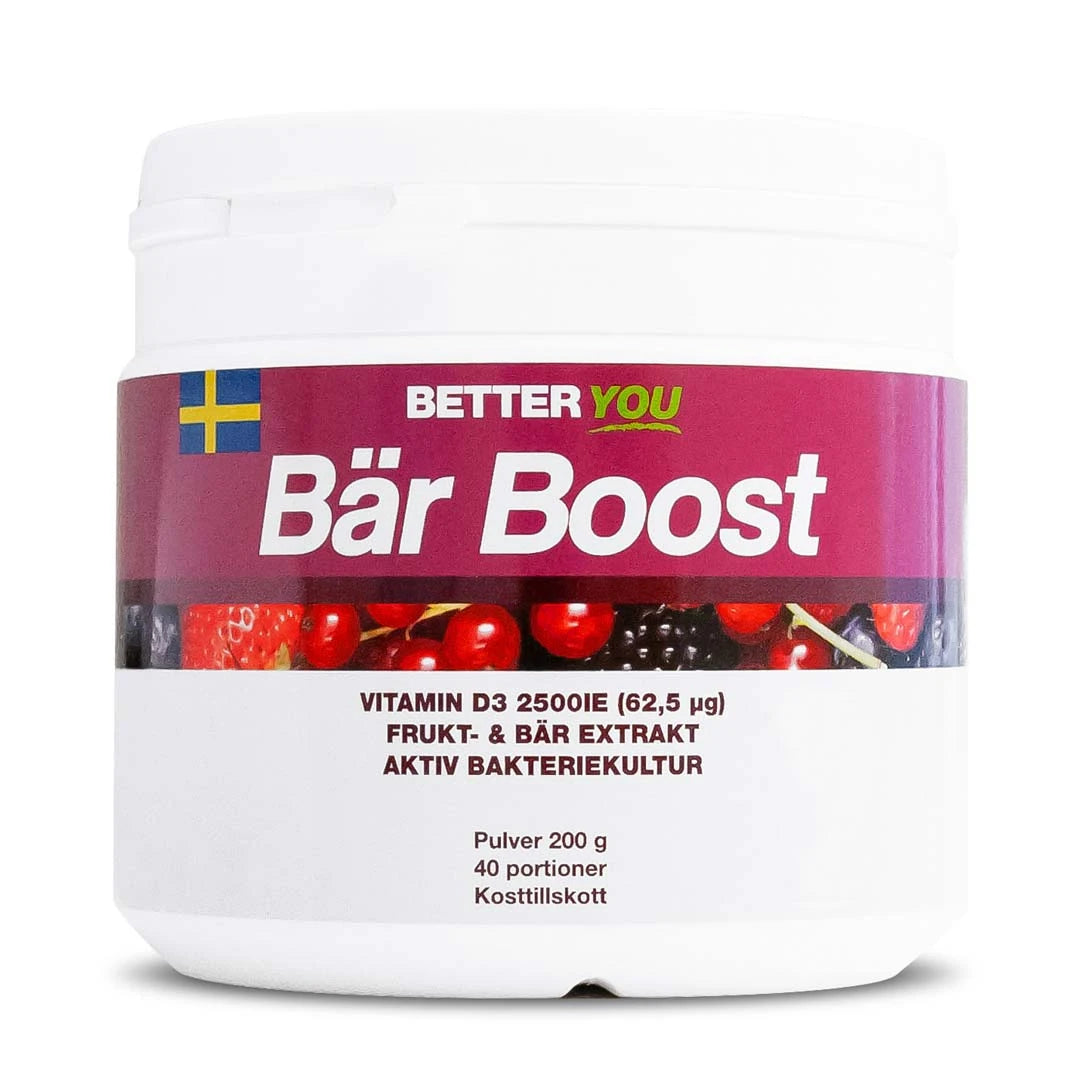 Better You Bär Boost Pulver 200 g valkoisessa purkissa, jossa on liila etiketti ja marjakuvio., kuva 1/1