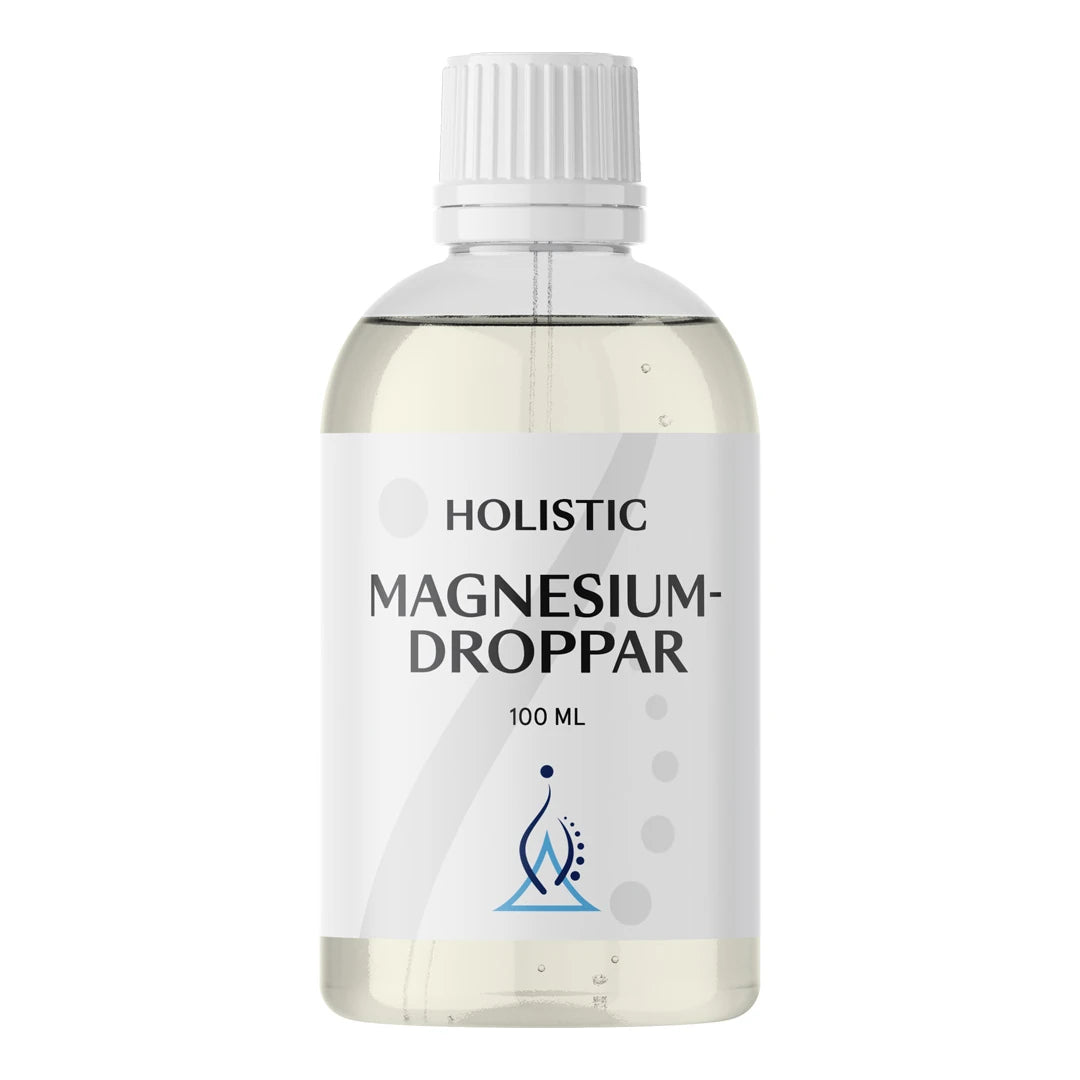 Holistic Magnesiumdroppar 100 ml, ett flytande kosttillskott i en genomskinlig flaska med vit etikett., bild 1 av 1