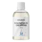 Holistic Magnesiumdroppar 100 ml, nestemäinen ravintolisä läpinäkyvässä pullossa valkoisella etiketillä.