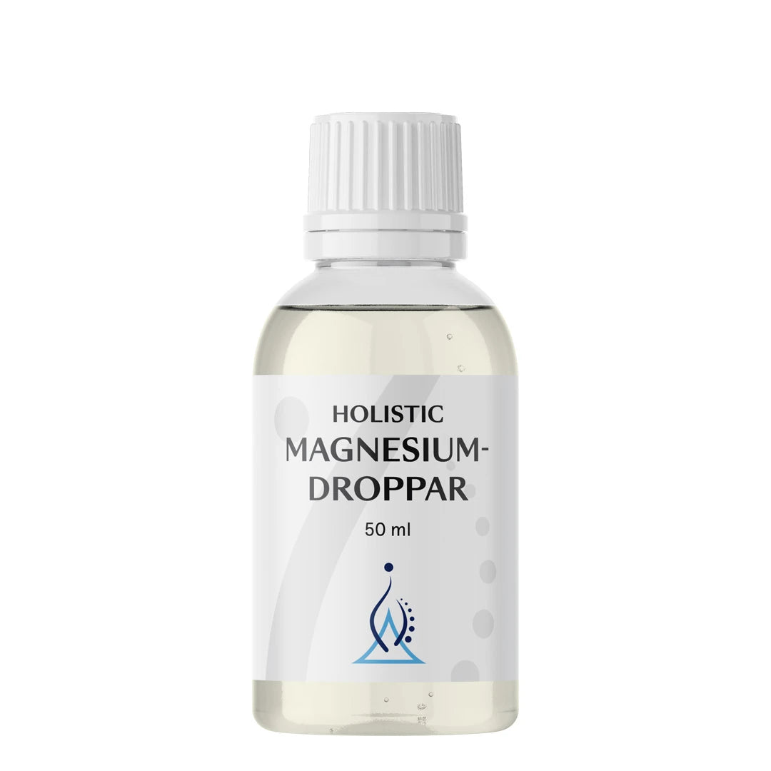 Holistic Magnesiumdroppar 50 ml -nestemäinen magnesium kirkkaassa pullossa, valkoinen etiketti ja kierrekorkki., kuva 1/1