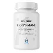 Holistic Lion's mane 60 caps i en vit burk med stilren etikett, ett veganskt kosttillskott för mentalt fokus.