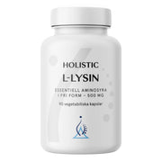 Holistic L-lysin 500 mg 90 caps tyylikkäässä valkoisessa purkissa, jossa on sininen logo ja harmaita yksityiskohtia.