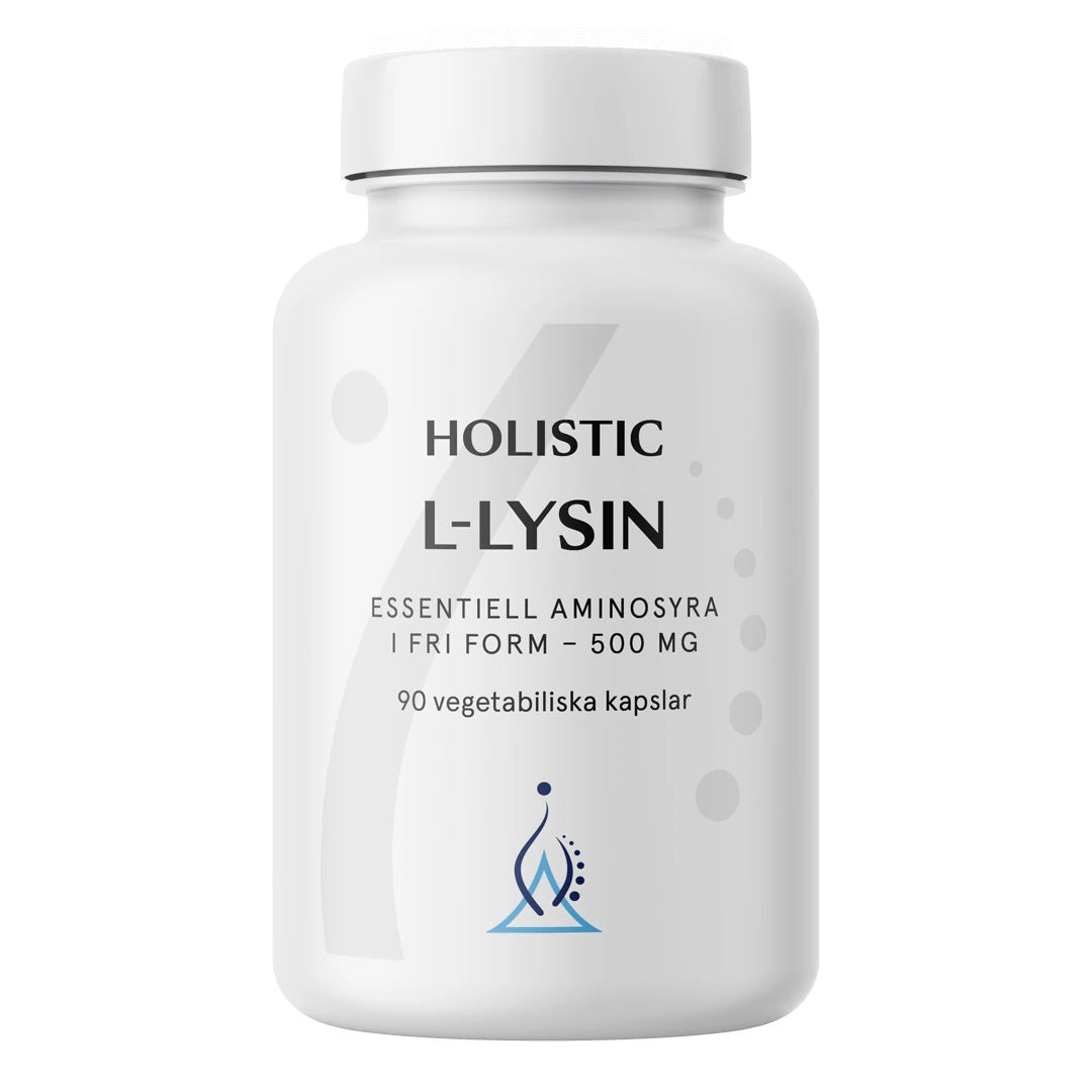 Holistic L-lysin 500 mg 90 caps i en stilren vit burk med blå logotyp och grå detaljer., bild 1 av 1
