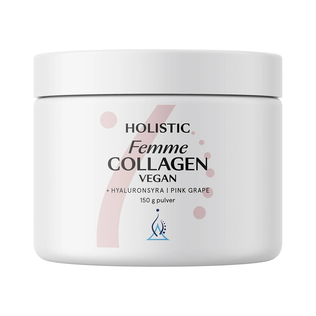 Holistic Femme Collagen vegan 150 g -kollageenijauhe makuna Pink Grape, valkoisessa purkissa pinkeillä yksityiskohdilla., kuva 1/1
