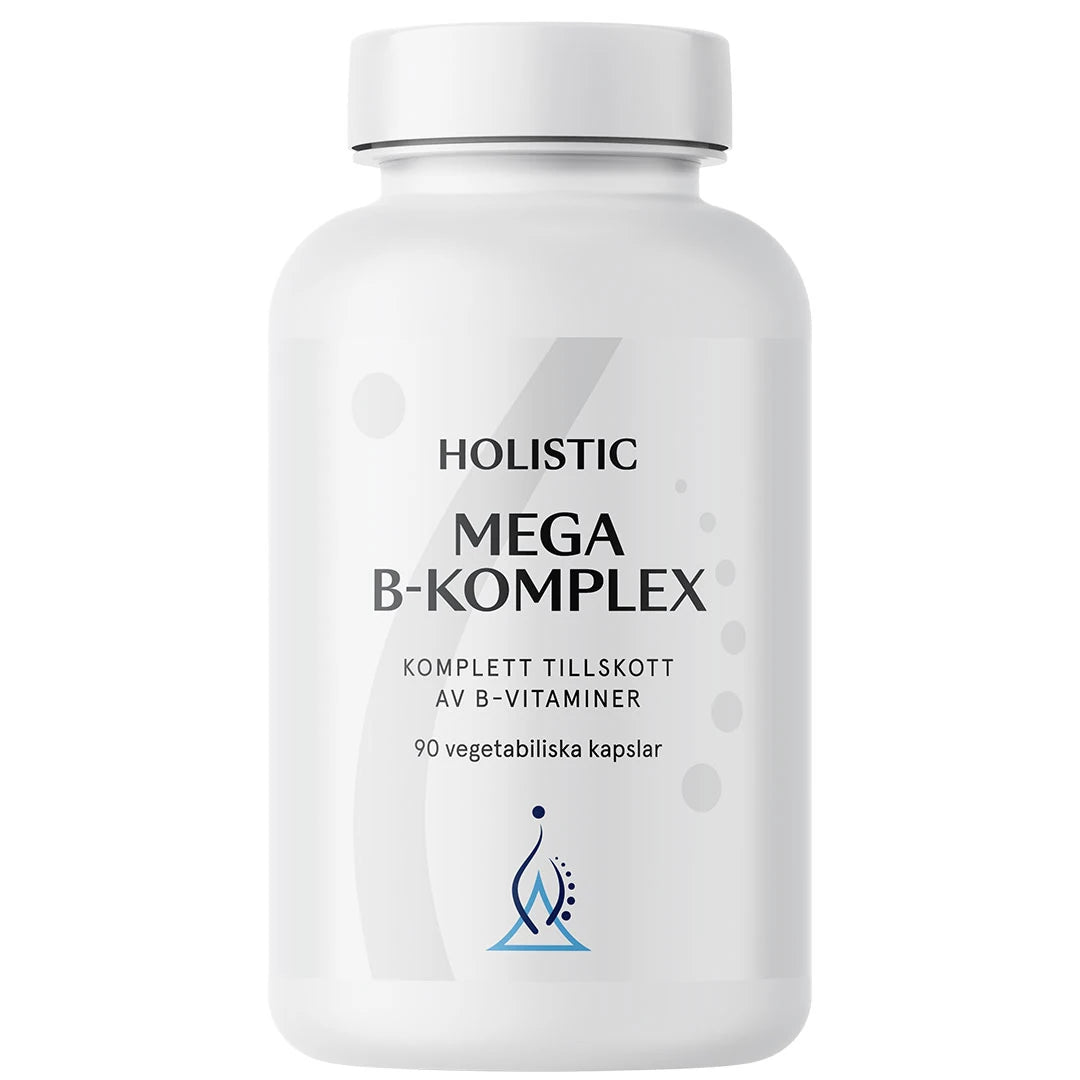 Holistic Mega B-komplex 90 caps -B-vitamiinilisä valkoisessa purkissa vaaleanharmailla yksityiskohdilla., kuva 1/1
