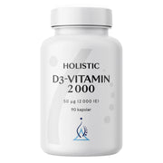 Holistic D3-vitamin 2000 90 caps -ravintolisä pakattuna valkoiseen muovipurkkiin, jossa on tyylikäs musta teksti.