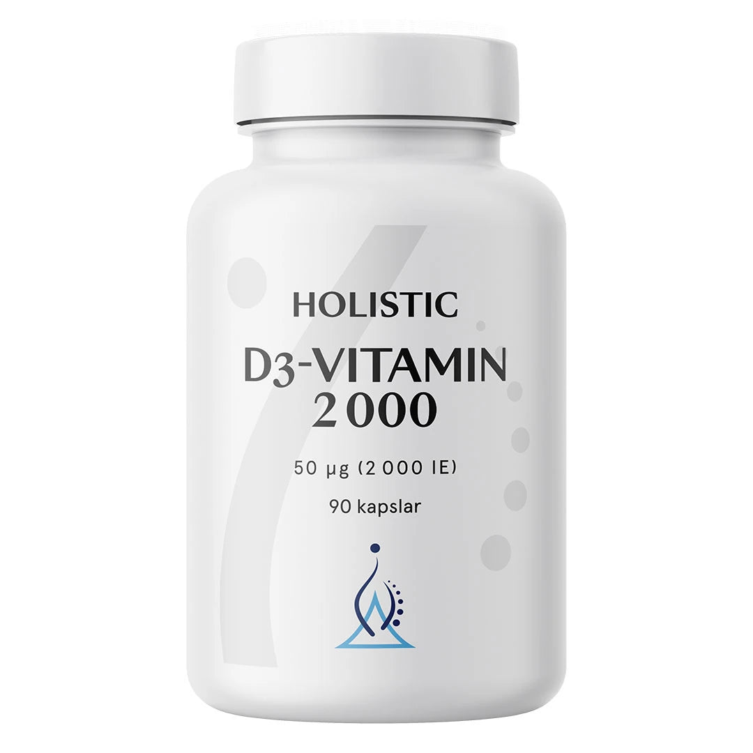 Holistic D3-vitamin 2000 90 caps -ravintolisä pakattuna valkoiseen muovipurkkiin, jossa on tyylikäs musta teksti., kuva 1/1