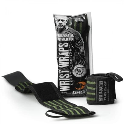 GASP Branch Warren Heavy Duty Wrist Wraps, svarta handledslindor med gröna ränder visade bredvid sin förpackning., bild 1 av 1