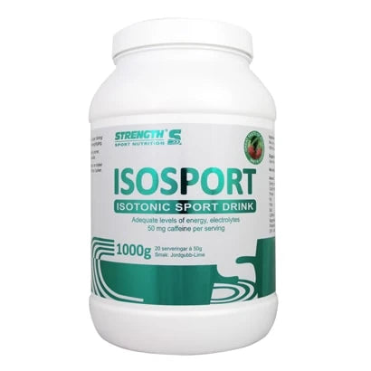 Strength Isosport 1 kg -urheilujuoma valkoisessa purkissa vihreillä yksityiskohdilla, makuna mansikka-lime.