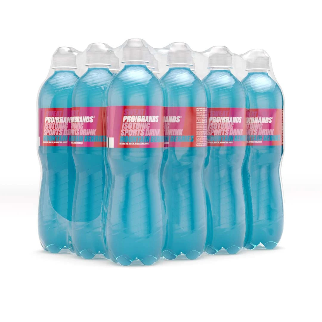 12 x Pro Brands ISOtonic Sports Drink 500 ml -monipakkaus, jossa muovipullot sinisellä juomalla ja pinkeillä etiketeillä.