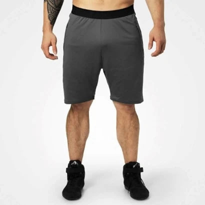 Tummanharmaat Better Bodies Brooklyn Gym Shorts Iron -miesten treenishortsit mustalla joustavalla vyötäröllä.