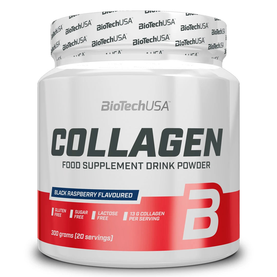 BioTechUSA Collagen 300 g -kollageenijauhe valkoisessa purkissa punaisilla yksityiskohdilla, makuna Black Raspberry.
