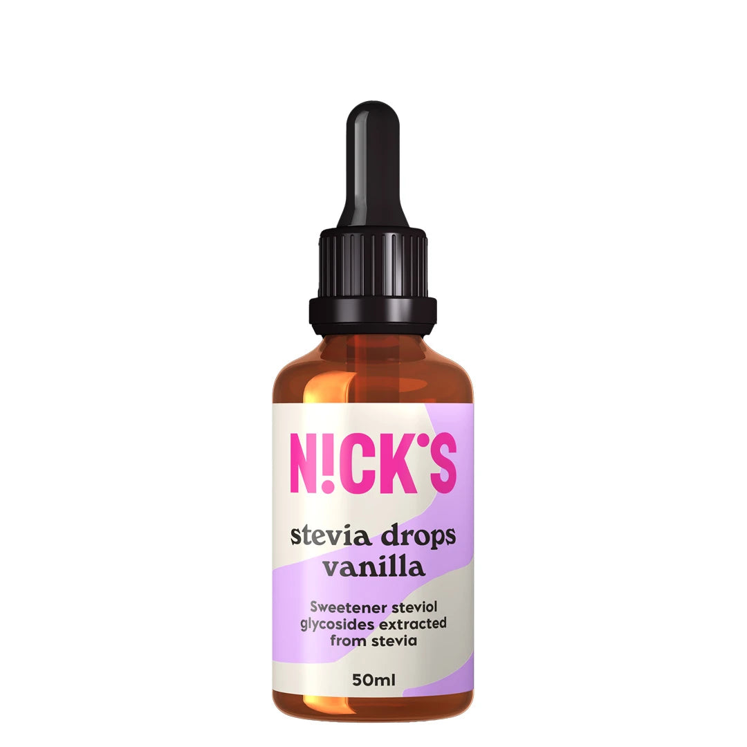 Nicks Stevia Drops Vanilla 50 ml ruskeassa lasipullossa, jossa on musta pipetti ja vaaleanvioletti etiketti., kuva 1/1