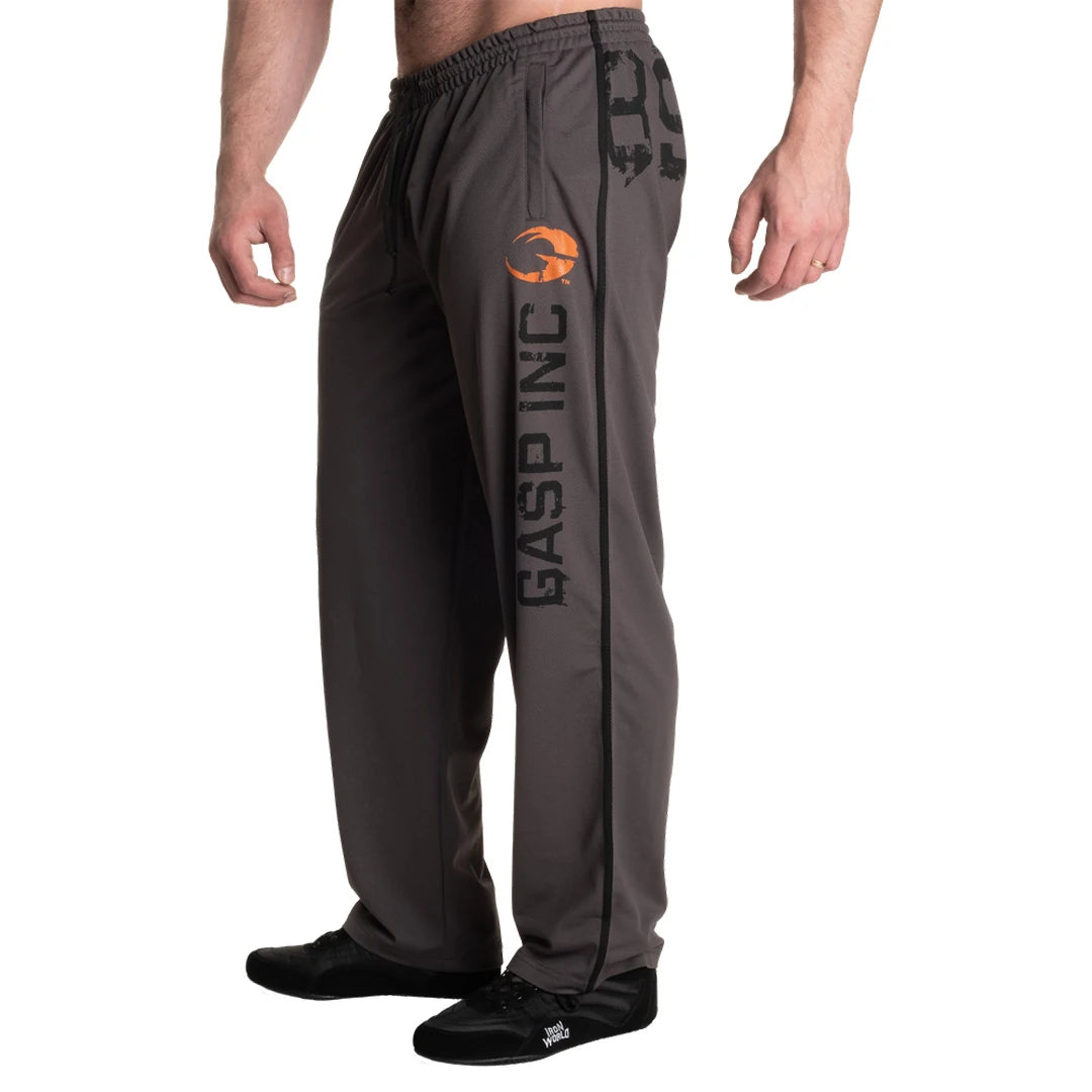 Gasp No 89 Mesh Pants Grey -treenihousut harmaata polyesteriä, joissa on joustava vyötärö ja suuri GASP-logo lahkeessa., kuva 4/5