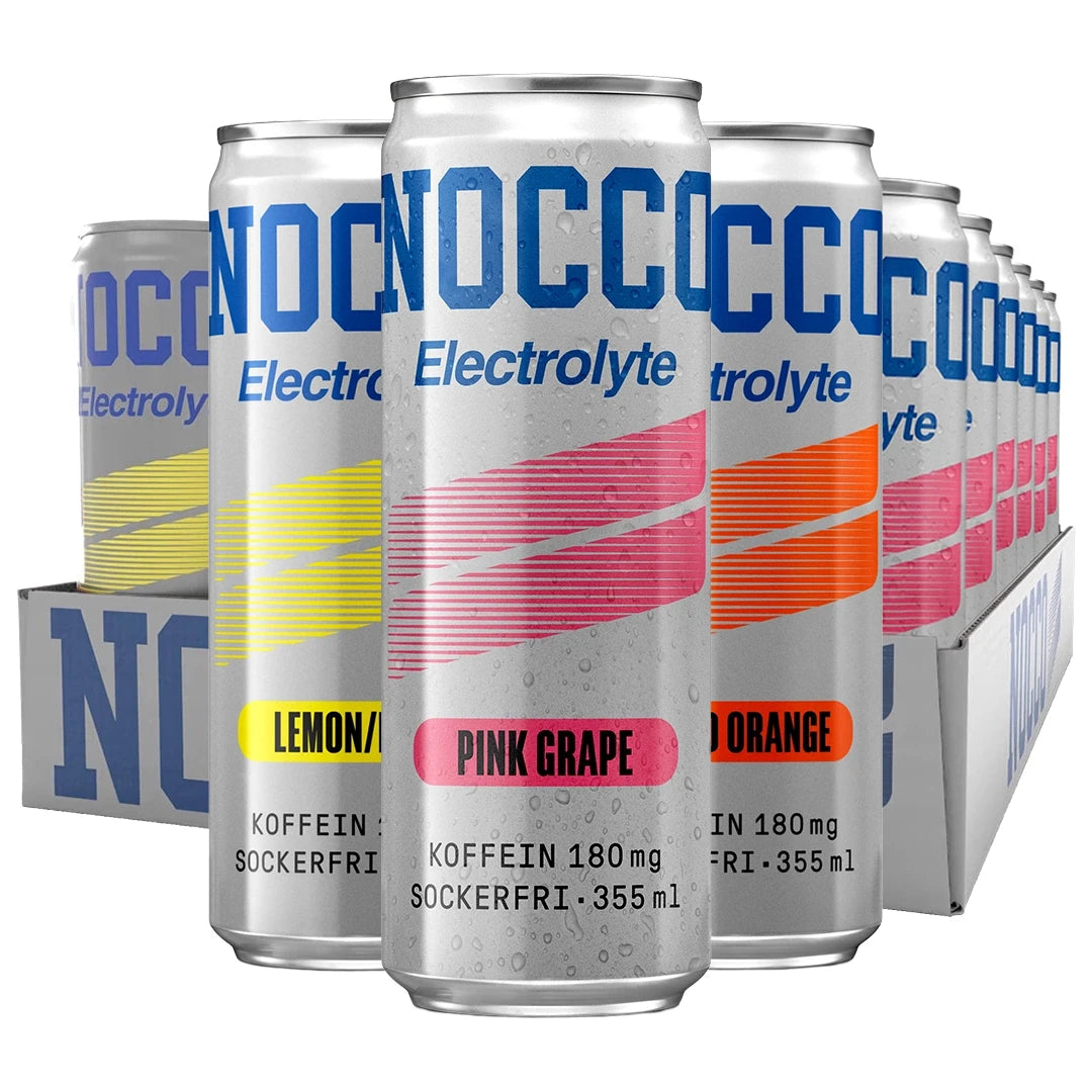 24 x NOCCO Electrolyte 355 ml Mixflak harmaassa pahvilaatikossa, hopeiset tölkit ja eriväriset yksityiskohdat makuihin Pink Grape, Lemon ja Orange., kuva 1/1
