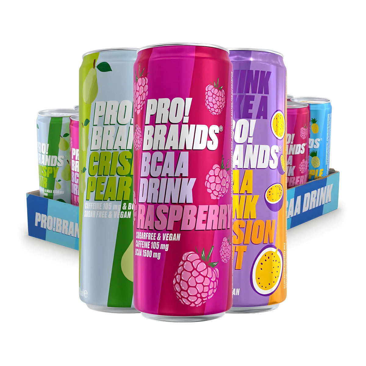24 x Pro Brands Functional Drink Mixflak 330 ml vaaleanpunaisessa laatikossa täynnä värikkäitä, erimakuisia tölkkejä., kuva 1/1