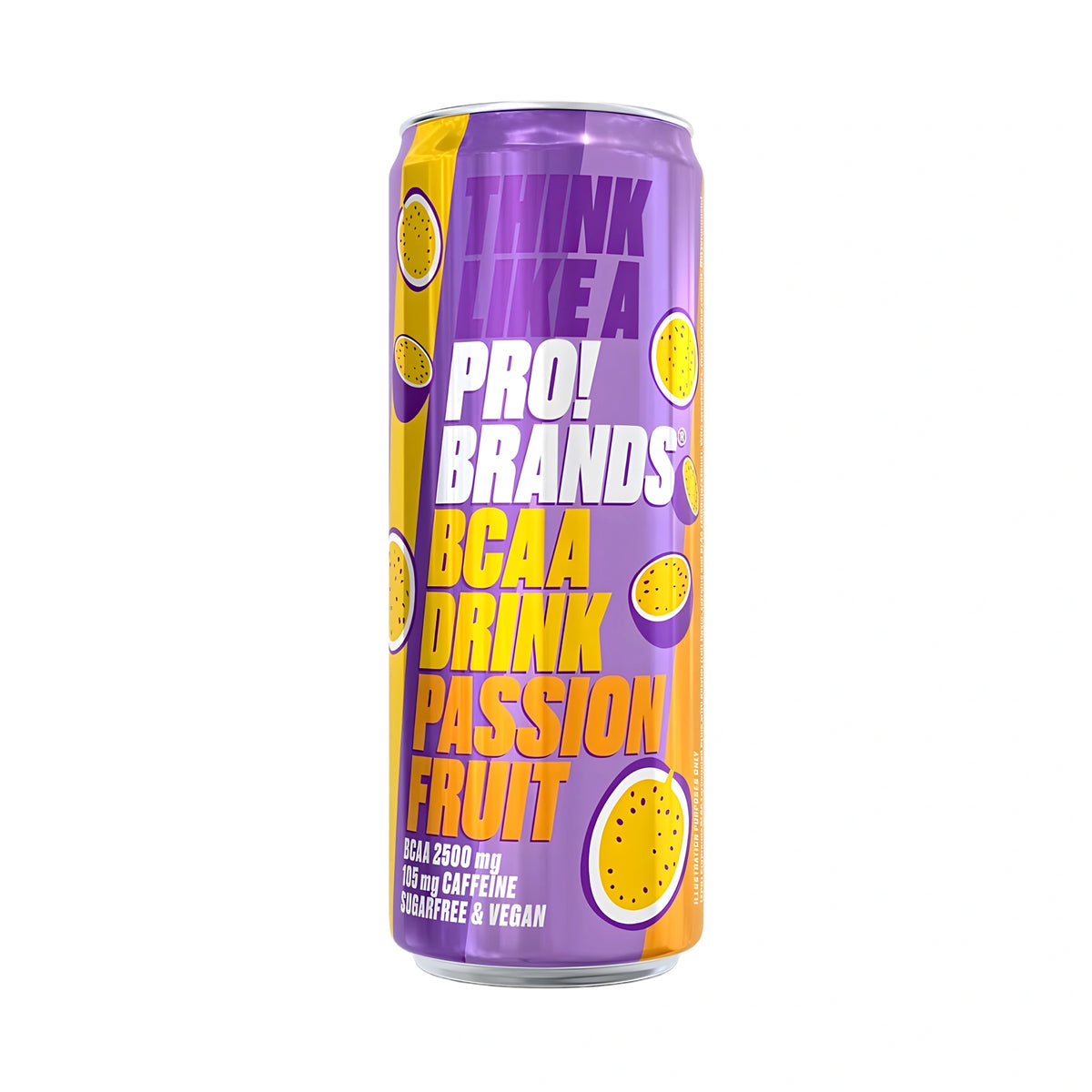 Pro Brands Drink 330 ml violetissa ja keltaisessa tölkissä, jossa on passionhedelmien kuvia ja makuna Passionfruit., kuva 3/4