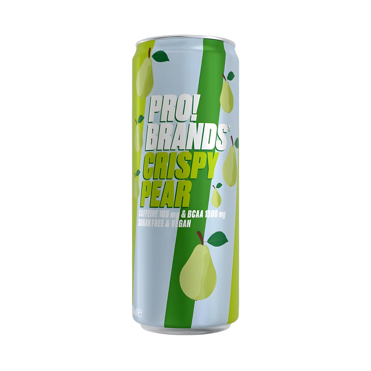 Pro Brands Drink 330 ml vaaleansinisessä ja vihreässä tölkissä päärynäkuvioinnilla, makuna Crispy Pear., kuva 1/4