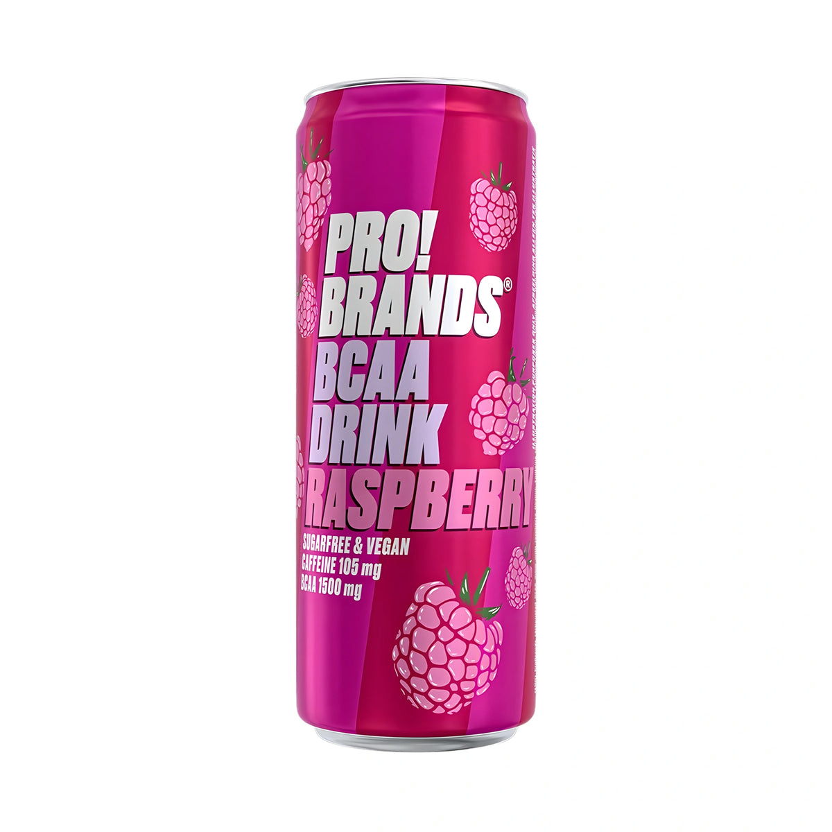 Pro Brands Drink 330 ml vaaleanpunaisessa, vadelmin koristellussa tölkissä, makuna Raspberry., kuva 2/4