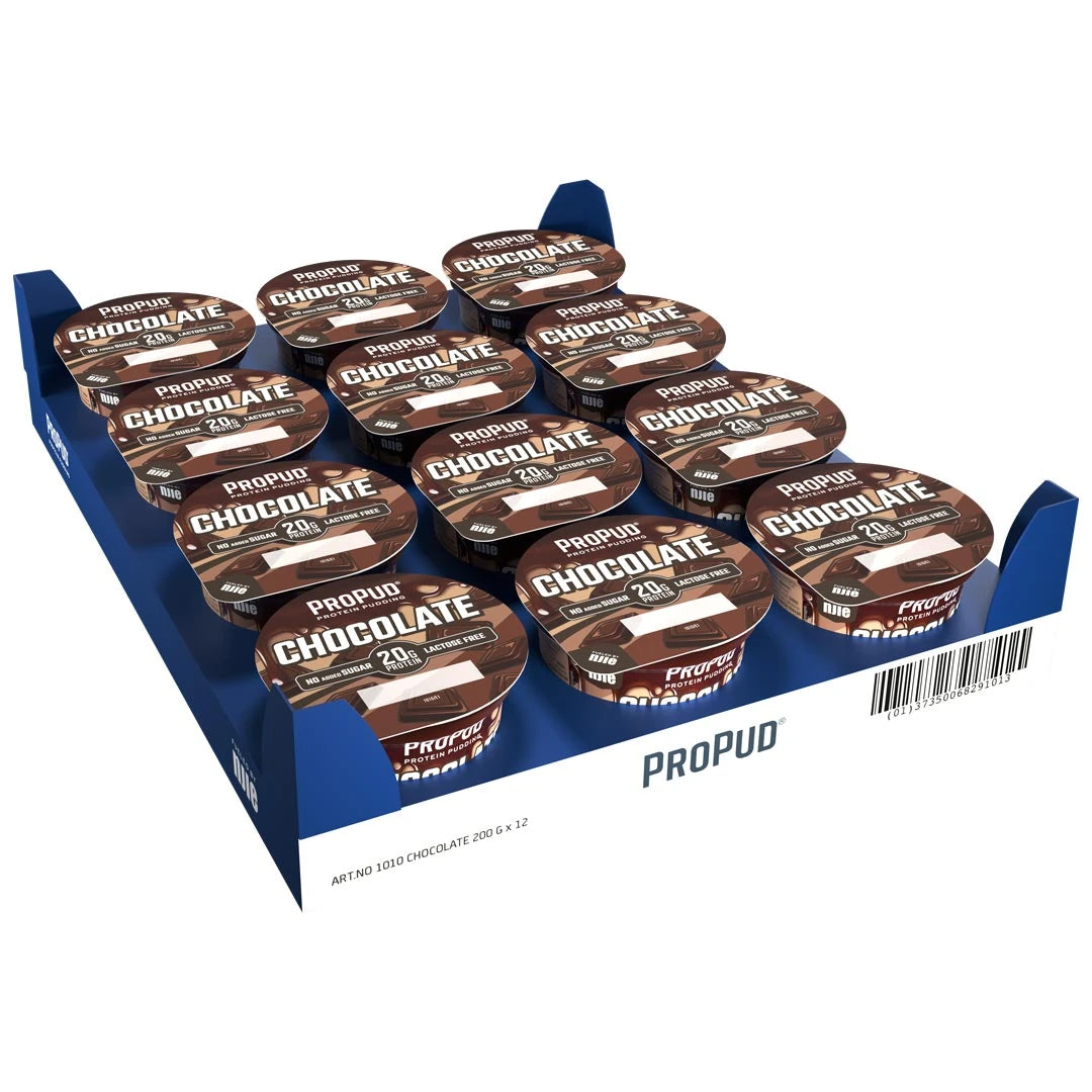 12 x NJIE ProPud 200 g Chocolate -vanukas sinivalkoisessa laatikossa, jossa on ruskeita suklaanmakuisia pakkauksia., kuva 1/1