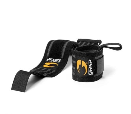 Mustat GASP Hardcore Wrist Wraps Black/Grey -rannesiteet harmailla yksityiskohdilla raskaisiin nostoihin.
